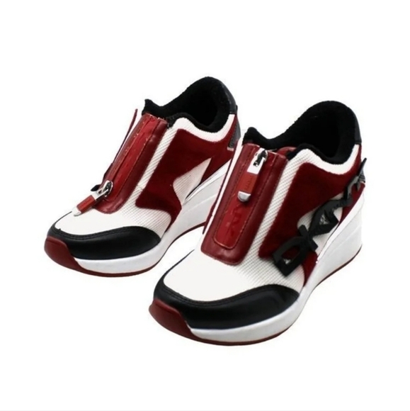 DKNY PARLAN ZIP UP RED/WHITE/BLACK WEDGE SNEAKERS - 7M. - Picture 2 of 7